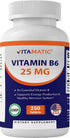 Vitamatic Vitamin B6 (Pyridoxine HCI) 25 mg, 250 Vegetarian Tablets | Promotes Energy Production and Immune Health