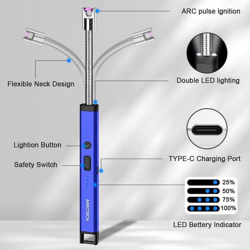 ARECTECH Electric Candle Lighter Rechargeable USB Arc Lighters for Camping Fireworks Christmas Birthday Gifts with LED