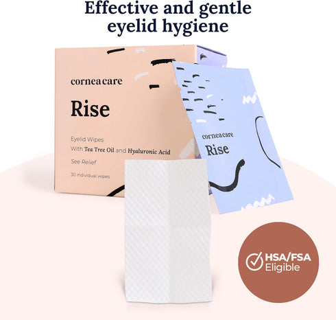 Rise Eyelid Wipes with Tea Tree Oil & Hyaluronic Acid | Dry Eye Relief | Travel Ready | 30 Count | FSA & HSA Eligible