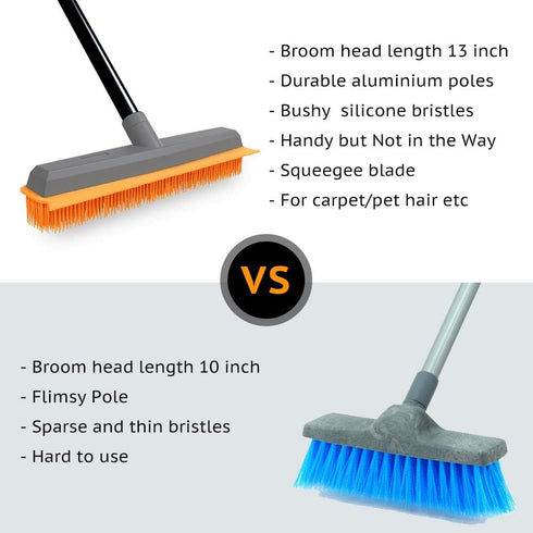 TreeLen Rubber Broom - Carpet Rake Pet Hair Remover with Squeegee Extension for Cleaning Floors