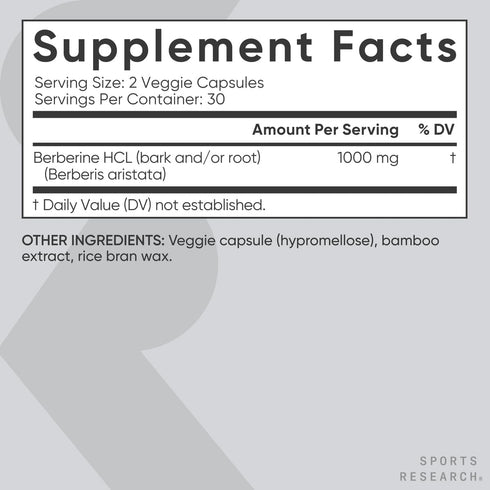 Sports Research Berberine, 1000 mg, 60 Capsules, Herbal Ayurvedic Metabolic Health Support, Vegan Certified