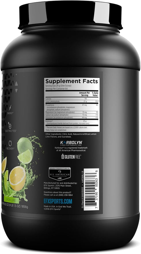 EFX Sports Karbolyn Hydrate - Carbohydrate Powder + Electrolytes, Sugar Free Sports Drink Mix, 66 Servings (Lemon Lime)