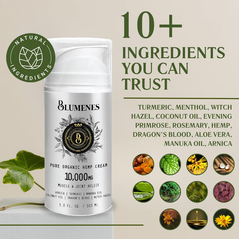 Blumenes Labs 10,000 mg Organic Hemp Cream, Concentrated Muscle Relief Cream for Joint, Arthritis, and Back Pain