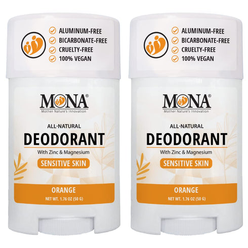 MONA BRANDS All Natural Deodorant - For Sensitive Skin, No Aluminum or Baking Soda (2-Pack, ORANGE 1.76 Oz each)