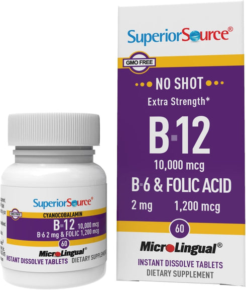 Superior Source No Shot Vitamin B12 Cyanocobalamin (10000 mcg), B6, Folic Acid, Quick Dissolve Tablets, 60 Count