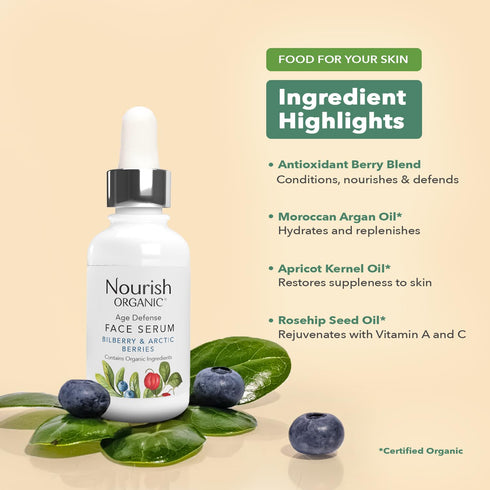 Nourish Organic Face Serum - Bilberry & Arctic Berries – Age Defense Formula with Vitamin C and A, 0.7 Oz + Washable