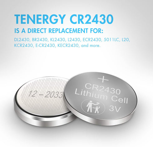 Tenergy CR2430 Battery, 3V Lithium Coin Battery for Car Key Fob, 10 Count (Pack of 2)