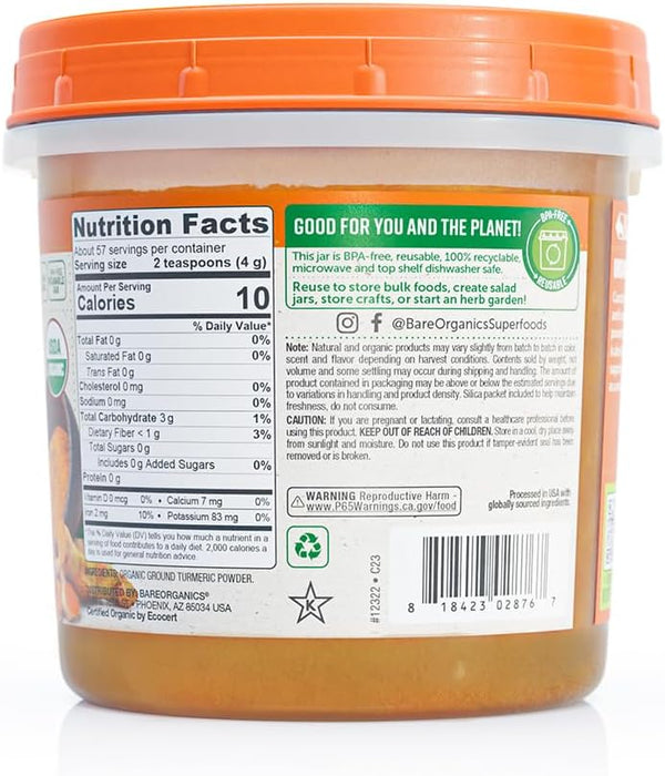 BareOrganics Turmeric Root Powder - 8 Oz Superfood Dietary Supplement for Anti-Inflammatory Support