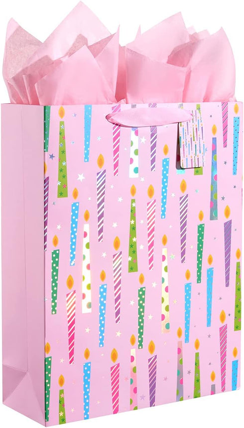SUNCOLOR 16" Extra Large Gift Bag with Tissue Paper for Girls, Happy Birthday Candles