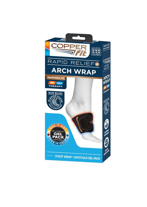 Copper Fit Rapid Relief Plantar Fascia Arch Foot Wrap with Hot or Cold Gel Pack, Adjustable, Black