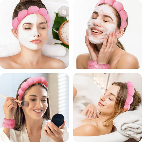 Spa Headbands for Washing Face, Wristband Set, Soft Terry Towel Hairband for Women, Non-Slip Thick Hair Headwear