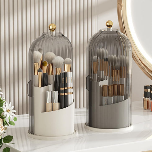 Makeup Brush Organizer with Lid, 360° Rotating Clear Dustproof Storage, Cup Pen Holder for Vanity Bathroom (Clear Black