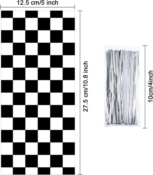 Blulu 100 Pieces Cellophane Car Candy Bags, Black White Checkered Racing Treat Bags, Plastic Race Gift Goodie Sack for