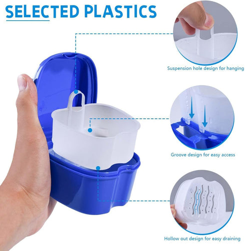 2 Pack Denture Bath Case Cup Holder with Strainer Basket for Travel Cleaning (Light Blue and Blue)