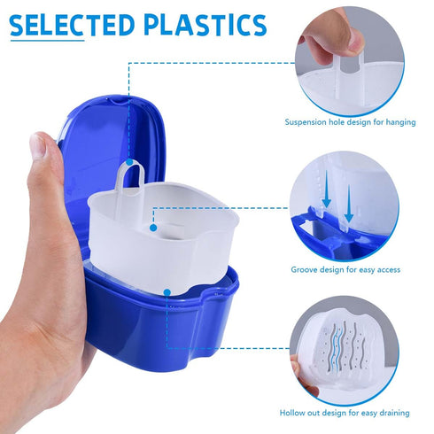 3 Pack Denture Bath Case Cup Holder Storage with Strainer Basket for Travel Cleaning (White, Blue, Light Blue)