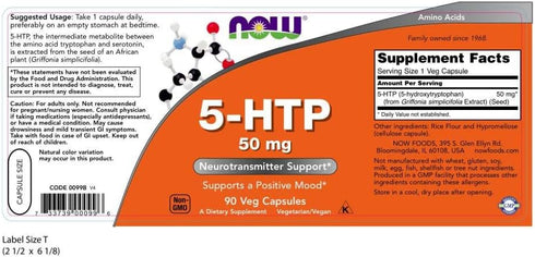 NOW Supplements, 5-HTP (5-hydroxytryptophan) 50 mg, Neurotransmitter Support*, 90 Veg Capsules