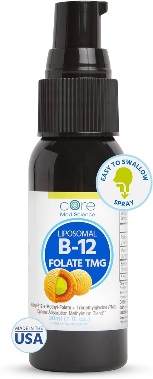 Core Med Science Liposomal B12 Folate TMG Liquid Spray Supplement, Supports Mood and Heart Health, 1 Fl Oz