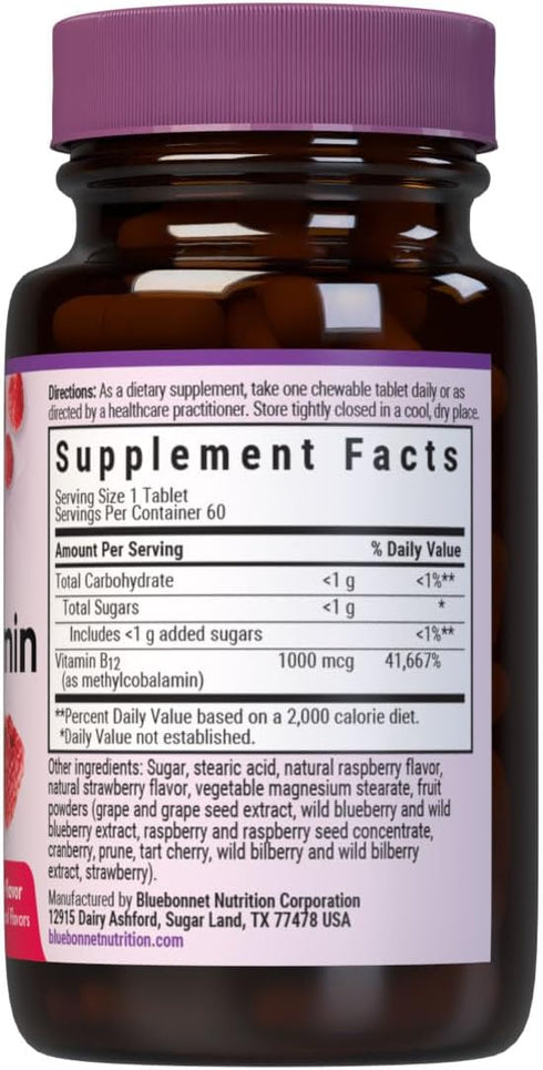 Bluebonnet EarthSweet Methylcobalamin 1,000 mcg Vitamin B12, Vegan, Raspberry Flavor, 60 Chewable Tablets