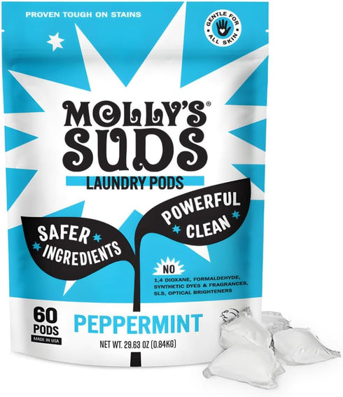 Molly's Suds Laundry Detergent Pods | 60 Count, Natural Detergent for Sensitive Skin, Peppermint