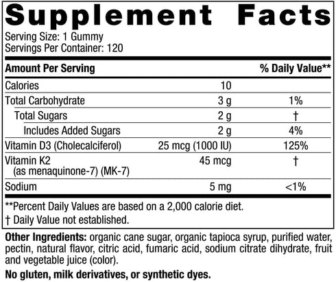 Nordic Naturals Vitamin D3 + K2 Gummies, Pomegranate, 120 Gummies, 1000 IU Vitamin D3 + 45 mcg Vitamin K2
