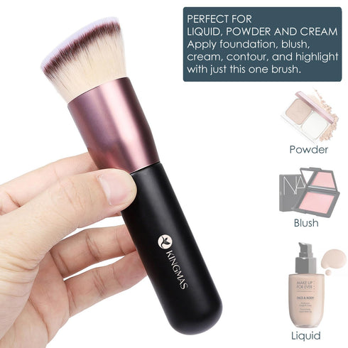 KINGMAS Angled Top Foundation Brush - Premium Kabuki Makeup Brush for Liquid, Blending, Cream, Powder, Black