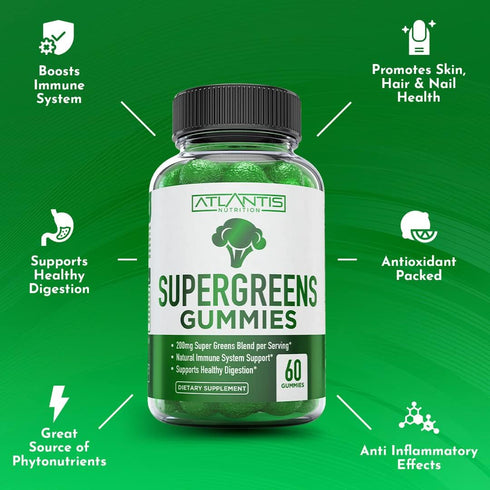 Supergreens Gummies, Daily Green Superfoods Supplement with Spinach, Broccoli, Moringa, 60 Gummies