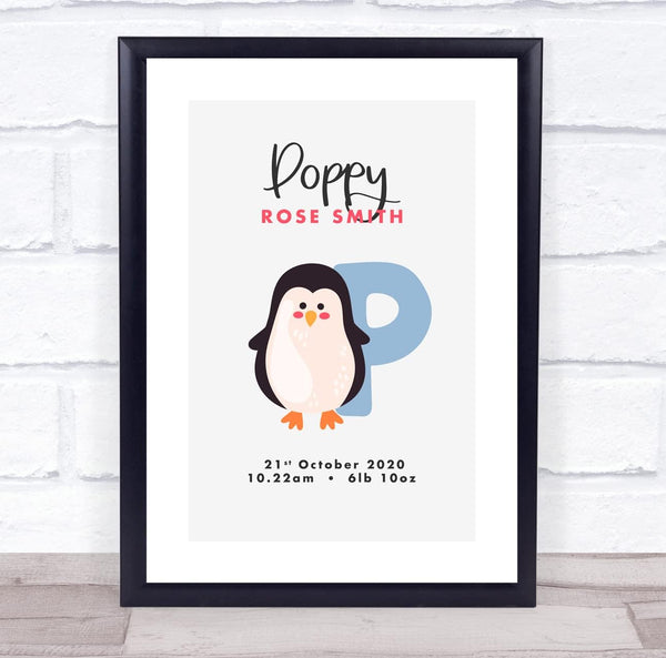 The Card Zoo New Baby Birth Details Christening Nursery Initial P Penguin Keepsake Gift Print
