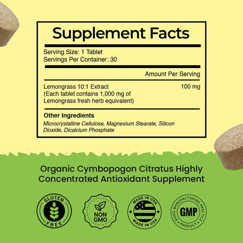 Lemongrass 10X Extract Tablets 1,000mg Each - Organic Cymbopogon Citratus Antioxidant Supplement for Immunity Boosting