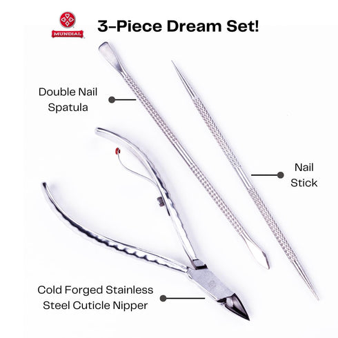 Mundial 3 Piece Nail Care Set - Professional Stainless Steel Cuticle Nippers, Double Nail Spatula, Pusher
