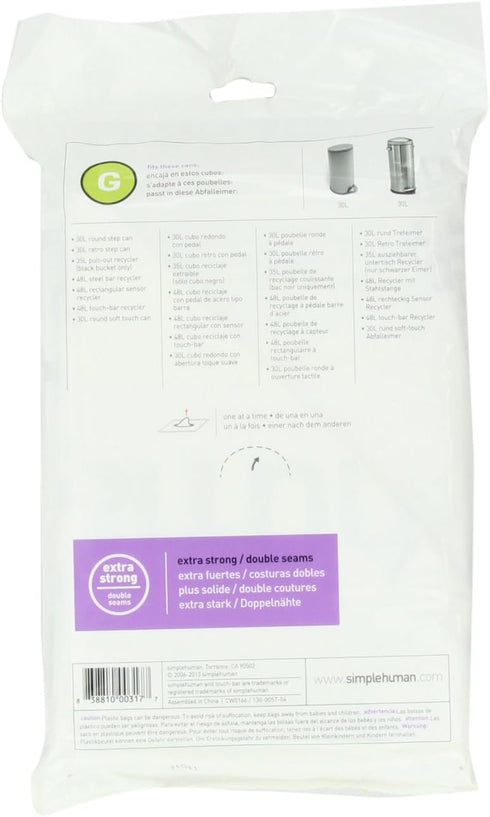 Packs, 30 8 20 simplehuman Code G Custom Fit Drawstring Trash Bags in Dispenser Liter / Gallon, White Liners