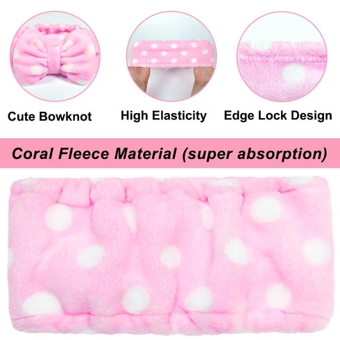 Shintop Women Fashion Soft Carol Fleece Bowknot Makeup Cosmetic Shower Elastic Hair Band, Pink Polka Dots