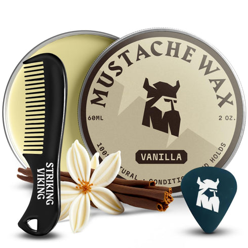 Striking Viking Mustache Wax & Comb Kit, 2 Oz Medium/Strong Hold, Vanilla Scent, Non-Greasy Mustache Grooming Kit
