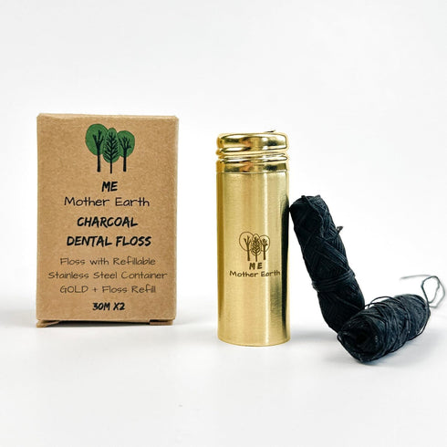 Vegan Bamboo Charcoal Dental Floss, 33 Yards x2, Gold Stainless Steel Container, Peppermint, Eco Friendly