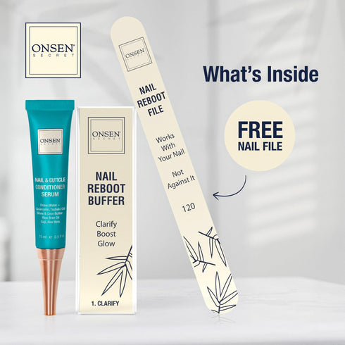 Onsen Secret Cuticle Cream Bundle - Nail Cuticle Oil, Double Sided Nail File, Japanese Natural Healing Minerals