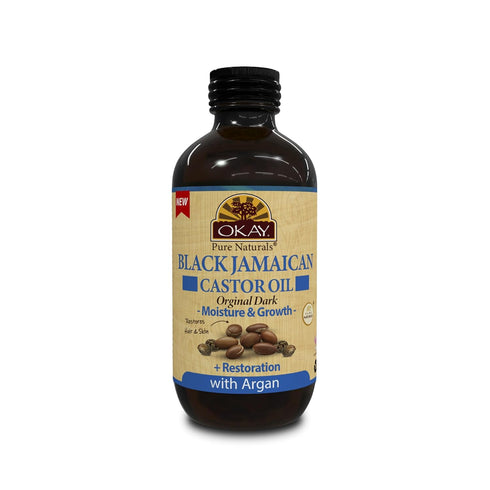 OKAY Pure Naturals Black Jamaican Castor Oil with Argan Oil, 4 Fl Oz Glass Bottle for Hair and Skin