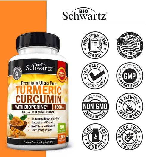Turmeric Curcumin with Black Pepper Extract 1500mg – High Absorption Ultra Potent Supplement for Joint Support, 180