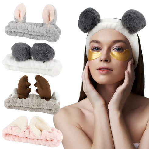 AHONEY Animals Ears Headbands - Cute Fuzzy Skincare Headband for Washing Face, Coral Fleece Hair Band (4Pcs)