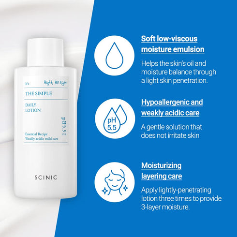 SCINIC The Simple Daily Lotion, 8.79 fl oz - Vegan Face Lotion for Sensitive Skin with Madecassoside & Aloe Vera
