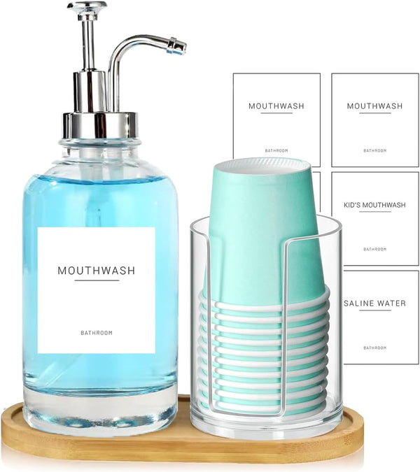 Ezebesta 17OZ Mouthwash Clear Glass Pump Dispenser with Disposable Cups Holder, Refillable Container
