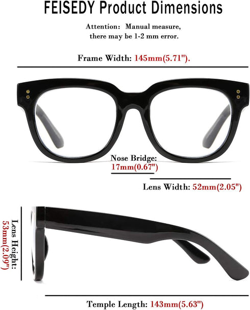 FEISEDY Retro Square Thick Big Frame Blue Light Blocking Reading Glasses, Anti Glare Reader B2523