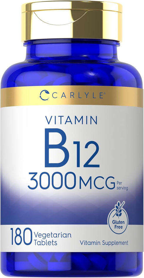 Carlyle Vitamin B-12, 3000mcg, 180 Tablets for Adults, Vegetarian, Non-GMO, Gluten Free Supplement