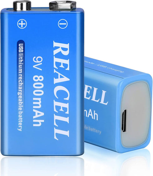 2 Packs Rechargeable 9V Lithium Batteries, 9 Volt Batteries for Smoke Detector, 800mAh 9V USB Charging for Microphones,