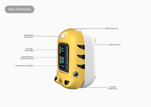 Child Pulse Oximeter Blood Oxygen Saturation Monitor, Yellow, Neck/Wrist Cord, Batteries Included