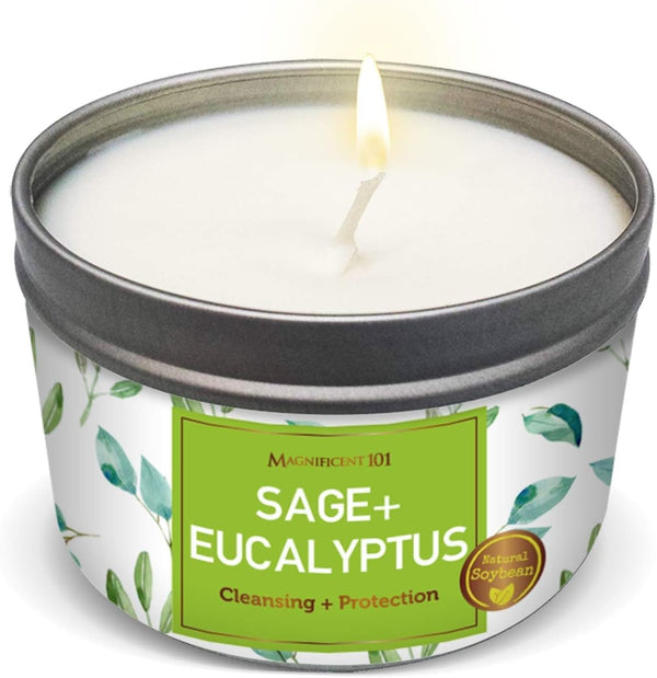 Magnificent 101 Long Lasting Sage + Eucalyptus Scented Smudge Candle - 6 Oz, 35 Hour Burn, Soy Wax