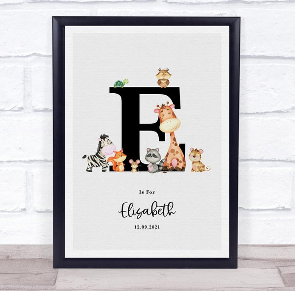 The Card Zoo New Baby Birth Details Nursery Jungle Animals Initial E Keepsake Gift Print