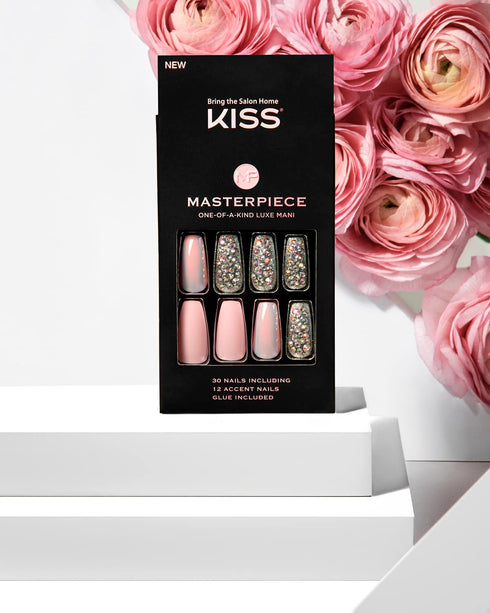 KISS Masterpiece Luxe Manicure, Premium Acrylic Fake Nails with Pink Gel Nail Glue, Mini Nail File