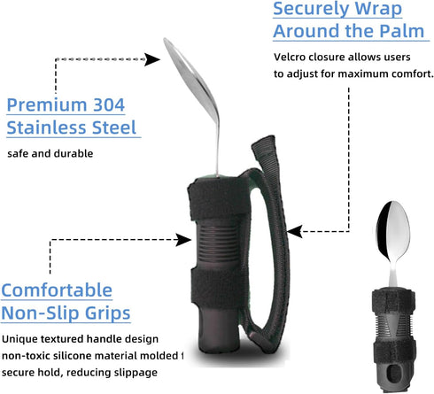 Set 3PCS Adaptive Utensil for Elderly Parkinsons Stroke Patients, Non-Slip Grip with Hand Strap for Hand Tremors