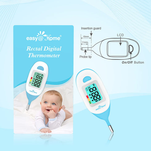 Baby Rectal Thermometer with Fever Indicator, Easy@Home Digital Thermometer with LCD Display for Newborns