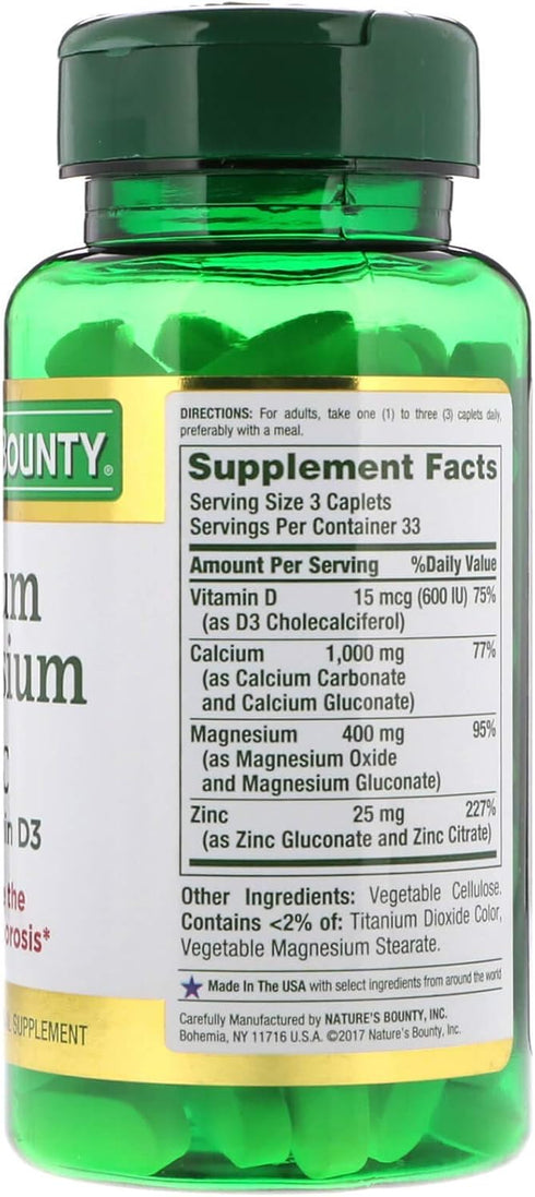 Nature's Bounty Calcium Magnesium & Zinc Caplets, 100 Count, Supports Immune & Bone Health