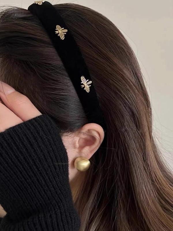 TERSE Black Velvet Headband for Women with White Pearl, Cute Designer Fashion Hair Accessories for Holiday